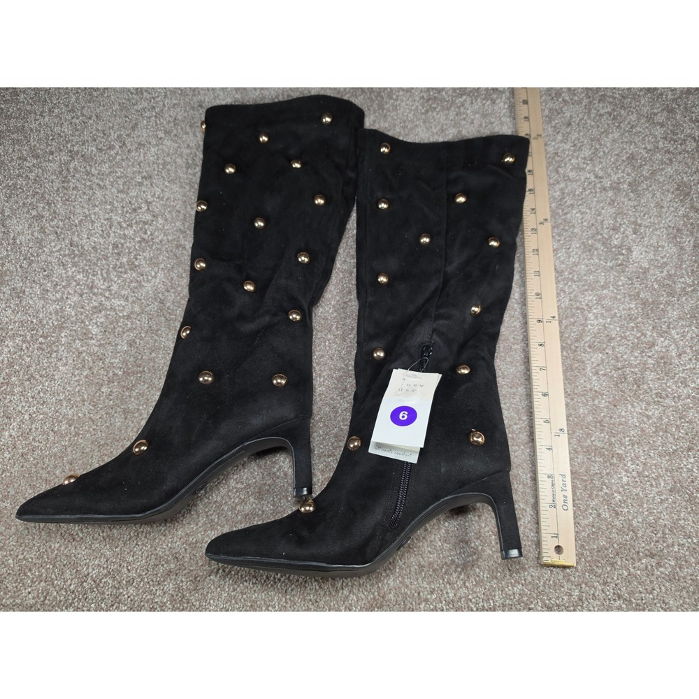 A New Day Justice Jet Black Suede Studded Knee High Pointed Toe Boots 6 NEW